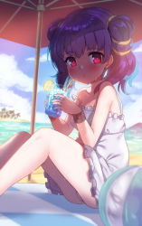 1girl bare_shoulders beach blue_sky blush child cloud day dress drink drinking_straw fire_emblem fire_emblem:_the_sacred_stones highres looking_at_viewer multi-tied_hair myrrh_(fire_emblem) nintendo ocean open_mouth outdoors palm_tree purple_hair rayno red_eyes sand sky solo tree twintails water white_dress