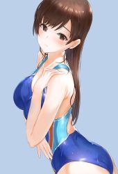 Rule 34 | 10s, 1girl, ass, blue background, breast hold, breasts, brown eyes, brown hair, commentary request, competition swimsuit, from above, hand on own shoulder, idolmaster, idolmaster cinderella girls, kfr, large breasts, long hair, looking at viewer, nitta minami, one-piece swimsuit, solo, swimsuit
