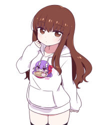 Rule 34 | 1girl, bb (fate), black thighhighs, brown eyes, brown hair, chan co, collarbone, commentary, fate/extra, fate/extra ccc, fate (series), highres, hood, hoodie, kishinami hakuno (female), long hair, looking at viewer, sleeves past wrists, solo, symbol-only commentary, thighhighs, white hoodie