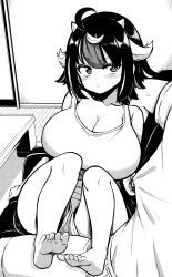 Rule 34 | 1boy, 1girl, :/, absurdres, ahoge, alternate costume, bare shoulders, barefoot, blush, breasts, cleavage, couch, feet, greyscale, hetero, highres, himajin noizu, horns, huge breasts, indoors, kijin seija, looking at another, looking to the side, monochrome, multicolored hair, reclining, shorts, sitting, soles, solo focus, streaked hair, toenails, toes, touhou