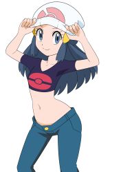 Rule 34 | 1girl, alternate costume, beanie, black hair, closed mouth, commentary request, creatures (company), cropped shirt, dawn (pokemon), eyelashes, game freak, grey eyes, hainchu, hair ornament, hairclip, hands on headwear, hands up, hat, highres, long hair, looking at viewer, midriff, navel, nintendo, pants, poke ball print, pokemon, pokemon (anime), pokemon dppt (anime), purple shirt, shirt, short sleeves, sidelocks, simple background, smile, solo, split mouth, white background, white hat