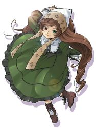 Rule 34 | 00s, aarue, ankle boots, bad id, bad pixiv id, boots, brown hair, dress, frills, heterochromia, lipstick, long hair, looking up, makeup, rozen maiden, shawl, smile, solo, suiseiseki, sunlight, very long hair