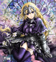 Rule 34 | 1girl, armor, armored dress, blonde hair, braid, capelet, dress, fate/apocrypha, fate/zero, fate (series), flower, gauntlets, headpiece, jeanne d&#039;arc (fate), jeanne d&#039;arc (ruler) (fate), knight, lily (flower), long hair, manbosakuranbo, purple eyes, single braid, solo, stained glass, sword, thighhighs, very long hair, warrior, weapon
