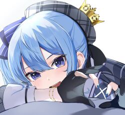 Rule 34 | 1girl, aya02ka, beret, black ribbon, blue eyes, blue hair, blue nails, blue ribbon, blush, bracelet, crown, gloves, grey hat, grey jacket, hair between eyes, hair ribbon, hat, hat ribbon, heart, heart hands, highres, hololive, hoshimachi suisei, jacket, jewelry, long sleeves, looking at viewer, mini crown, open mouth, partially fingerless gloves, plaid headwear, portrait, ribbon, shadow, side ponytail, sidelocks, simple background, solo, star (symbol), star in eye, symbol in eye, tilted headwear, virtual youtuber, white background