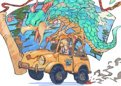 Rule 34 | 1girl, animal, bad id, bad twitter id, bag, bare shoulders, black choker, blonde hair, bread, car, cat, choker, closed eyes, closed mouth, driving, english text, feathers, food, highres, map, medium hair, motor vehicle, open mouth, original, oversized animal, paw print, smile, spring onion, steam, talons, tongue, tree, vehicle focus, you (nanban319)