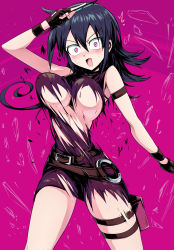 Rule 34 | 1girl, arm garter, armband, bare shoulders, belt, belt buckle, black hair, blush, breasts, broken glass, buckle, card, commentary request, cowboy shot, dress, duel masters, glass, highres, holding, holding card, large breasts, long hair, looking at viewer, open mouth, pink background, purple dress, purple eyes, shimure (460), solo, surprised, tasogare mimi, thigh strap, torn clothes, unaligned breasts, underboob, v-shaped eyebrows
