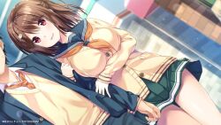 Rule 34 | 1boy, 1girl, aibeya, arm at side, breasts, brown hair, cardigan, collared shirt, couple, dutch angle, faceless, faceless male, from below, green skirt, hair ornament, hairclip, hayami aki, hetero, jacket, kazama kouta, large breasts, light blush, locked arms, long sleeves, looking at another, miniskirt, neckerchief, necktie, official art, open clothes, open jacket, orange neckerchief, orange necktie, oryo (oryo04), out of frame, outdoors, pants, pleated skirt, red eyes, school uniform, serafuku, shirt, skirt, small sweatdrop, smile, solo focus, thigh gap, white shirt, wing collar