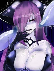 Rule 34 | 1girl, :d, bad id, bad pixiv id, bare shoulders, black gloves, blush, breasts, cleavage, collarbone, commentary, drooling, gensei ruri, gloves, hair over one eye, hand to own mouth, heavy breathing, highres, kraken (monster girl encyclopedia), large breasts, long hair, looking at viewer, monster girl, monster girl encyclopedia, open mouth, pale skin, purple eyes, purple hair, scylla, sexually suggestive, smile, solo, suggestive fluid, sweat, tentacles, trembling, upper body