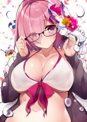 Rule 34 | 1girl, absurdres, adjusting eyewear, bare shoulders, bikini, blush, breasts, cleavage, closed mouth, collarbone, cup, drinking straw, fate/grand order, fate (series), food, fou (fate), glasses, grey jacket, hair over one eye, highres, ice cream, jacket, large breasts, light purple hair, looking at viewer, mash kyrielight, mash kyrielight (swimsuit of perpetual summer), medjed (fate), navel, netarou, official alternate costume, open clothes, open jacket, petals, purple eyes, short hair, simple background, solo, swimsuit, water drop, white background, white bikini
