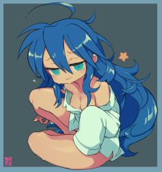 Rule 34 | 1girl, :3, ahoge, alternate breast size, aqua eyes, areola slip, artist logo, bare shoulders, blue background, blue border, blue hair, border, bottomless, breasts, bright pupils, cleavage, closed mouth, collarbone, collared shirt, furrowed brow, hair between eyes, izumi konata, long hair, long sleeves, looking at viewer, lucky star, medium breasts, messy hair, mole, mole on breast, mole under eye, no bra, off shoulder, outside border, partially undressed, shirt, sidelocks, simple background, sitting, sleeves past fingers, sleeves past wrists, solo, star (symbol), starmilk, sweat, very long hair, white shirt, yokozuwari