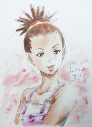 Rule 34 | 1girl, brown eyes, brown hair, carole &amp; tuesday, carole stanley, color ink (medium), commentary, dark-skinned female, dark skin, dated, ear piercing, earrings, highres, jewelry, lipstick, makeup, nii manabu, open mouth, overalls, piercing, portrait, sleeveless, solo, strapless, tube top