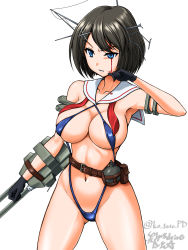 Rule 34 | 10s, 1girl, adapted costume, areola slip, arm up, artist name, bare shoulders, belt, belt buckle, belt pouch, black gloves, black hair, blood, blood on face, blue eyes, blue one-piece swimsuit, blue slingshot swimsuit, bottle, breasts, buckle, collarbone, covered erect nipples, cowboy shot, gloves, groin, hair ornament, headgear, highres, kantai collection, koutarou (plusdrive), large breasts, legs apart, machinery, maya (kancolle), medium breasts, navel, neckerchief, one-piece swimsuit, parted lips, pouch, red neckerchief, sailor collar, short hair, skindentation, slingshot swimsuit, solo, standing, stomach, swept bangs, swimsuit, tsurime, underboob, undone neckerchief, wiping face, x hair ornament