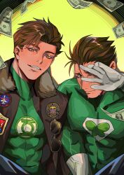 Rule 34 | 1boy, banknote, bara, black bodysuit, blush, bodysuit, brown hair, brown jacket, covered abs, covered erect nipples, covering face, dc comics, dollar bill, doufujintianxianle, embarrassed, gloves, green bodysuit, green lantern, green lantern (series), hal jordan, highres, jacket, large pectorals, male focus, money, muscular, muscular male, open clothes, open jacket, pectorals, short hair, smile, sunglasses, teeth, two-tone bodysuit, upper body, white gloves