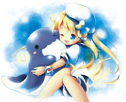 Rule 34 | 1girl, ;d, aikei ake, animal, animal hug, beret, blonde hair, blue eyes, blue sailor collar, blue shorts, blush, bow, commentary request, compass, feet out of frame, hair between eyes, hat, long hair, one eye closed, open mouth, original, puffy short sleeves, puffy shorts, puffy sleeves, sailor collar, shirt, short sleeves, shorts, smile, solo, very long hair, whale, white hat, white shirt, yellow bow