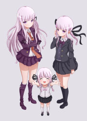 Rule 34 | 10s, 3girls, :d, ^ ^, age comparison, aged down, bad id, bad pixiv id, blush, boots, braid, child, closed eyes, crossed arms, danganronpa, danganronpa: trigger happy havoc, danganronpa (series), danganronpa kirigiri, expressionless, full body, gloves, grey background, hair ribbon, kevin.g.tuck, kirigiri kyoko, knee boots, kneehighs, light purple hair, long hair, looking at viewer, multiple girls, multiple persona, necktie, open mouth, outstretched arms, pleated skirt, purple eyes, ribbon, simple background, skirt, smile, socks, time paradox, very long hair