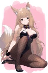 1girl absurdres animal_ear_fluff animal_ears black_footwear black_leotard blunt_bangs breasts brown_hair brown_tail cleavage crossed_legs fishnet_pantyhose fishnets fox_ears fox_girl fox_tail full_body green_eyes high_heels highleg highleg_leotard highres jungsungwoo leotard light_smile long_hair maho_(dream_park)_(princess_connect!) maho_(princess_connect!) medium_breasts pantyhose pink_background playboy_bunny princess_connect! signature sitting smile solo tail very_long_hair wrist_cuffs