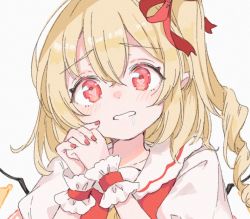 Rule 34 | 1girl, blonde hair, commentary request, crystal, drooling, flandre scarlet, hair between eyes, hair ribbon, heart, heart in eye, looking at viewer, medium hair, mouth drool, no headwear, one side up, own hands clasped, own hands together, paragasu (parags112), pointy ears, red ribbon, ribbon, simple background, solo, symbol in eye, touhou, upper body, white background, wings