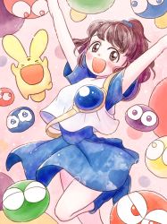 Rule 34 | 1girl, :d, absurdres, arle nadja, bad id, bad pixiv id, blue dress, blue footwear, blush, boots, brown eyes, brown hair, character request, commentary request, dress, hair ornament, hair scrunchie, hands up, highres, looking at viewer, madou monogatari, miya (miyabio), open mouth, ponytail, puyo (puyopuyo), puyopuyo, scrunchie, smile, solo, standing, standing on one leg, vest, white vest