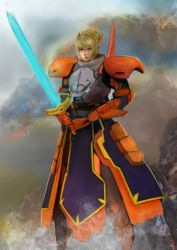 Rule 34 | 1girl, arthur pendragon (fate), blonde hair, crossover, energy, energy blade, energy sword, energy weapon, fate/stay night, fate (series), glowing, glowing sword, glowing weapon, green eyes, highres, ionic twinblade, jaeger (pacific rim), legendary pictures, mecha, mecha musume, name connection, nurul hidayat, pacific rim, pacific rim uprising, pan pacific defense corps, robot, saber athena, short hair, sword, weapon