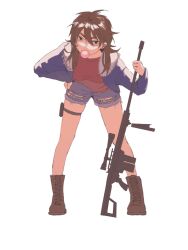 Rule 34 | 1girl, ahoge, blue jacket, blue shorts, boots, breasts, brown footwear, brown hair, blowing bubbles, chinese commentary, commentary request, denim, denim shorts, full body, fur-trimmed jacket, fur trim, genderswap, genderswap (mtf), green eyes, gun, hair between eyes, hand on own hip, highres, holding, holding gun, holding weapon, isoi reiji, jacket, leaning forward, long hair, long sleeves, medium breasts, open clothes, open jacket, red shirt, saibou shinkyoku, sanpaku, shirt, shiti, shorts, simple background, solo, weapon, white background