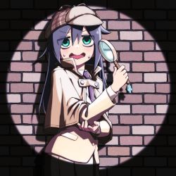 Rule 34 | 1girl, against wall, bags under eyes, blazer, blush, bow, brick wall, brown bow, brown capelet, brown hat, capelet, charm (object), collared shirt, commentary request, deerstalker, detective, eyes visible through hair, green eyes, hair between eyes, hand up, hat, hat bow, highres, holding, holding magnifying glass, jacket, kuroki tomoko, long sleeves, looking at viewer, magnifying glass, necktie, nervous, official alternate costume, open mouth, outdoors, pleated skirt, purple necktie, school uniform, shadow, shirt, skirt, solo, spotlight, standing, sweat, wall, watashi ga motenai no wa dou kangaetemo omaera ga warui!, wavy mouth, white shirt, yachima tana, yellow jacket, yellow skirt