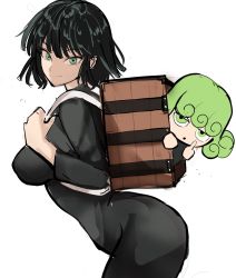 Rule 34 | 2girls, arched back, black dress, black hair, blunt bangs, box, breasts, chibi, closed mouth, commentary, dress, flipped hair, from side, fubuki (one-punch man), green eyes, green hair, highres, kimetsu no yaiba, large breasts, leaning forward, long sleeves, looking at viewer, middle finger, multiple girls, one-punch man, parody, parted lips, peeking out, rakeemspoon, short hair, siblings, simple background, sisters, sketch, tatsumaki, turtleneck, turtleneck dress, white background, wooden box