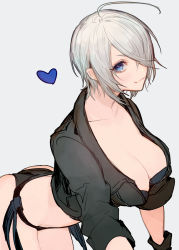 Rule 34 | 1girl, ahoge, angel (kof), arm up, ass, black gloves, blue eyes, blush, breasts, cleavage, collarbone, crop top, cropped jacket, gloves, grey background, hair over one eye, hand on own hip, heart, highres, jacket, large breasts, leaning forward, looking at viewer, midriff, navel, oro (sumakaita), revealing clothes, short hair, simple background, smile, snk, solo, stomach, the king of fighters, thighs, white hair
