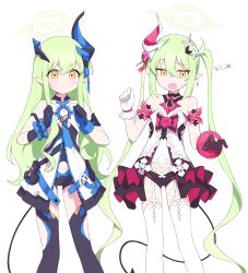 Rule 34 | 2girls, billbung, black gloves, black tail, blue archive, blue gloves, blush, closed mouth, cosplay, demon tail, earrings, fang, feet out of frame, gloves, green hair, green halo, hair between eyes, halo, hikari (blue archive), nozomi (blue archive), highres, honkai (series), honkai impact 3rd, jewelry, liliya olenyeva, liliya olenyeva (cosplay), long hair, multiple girls, navel, open mouth, pointy ears, rozaliya olenyeva, rozaliya olenyeva (cosplay), simple background, single earring, tail, thighhighs, two-tone gloves, white background, white gloves, white thighhighs, yellow eyes