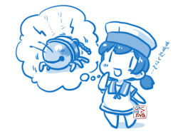 Rule 34 | 1girl, artist logo, bell, blue theme, bug, chibi, commentary request, dress, full body, hat, hiburi (kancolle), imagining, jingle bell, kantai collection, kutone shirika, low ponytail, monochrome, sailor collar, sailor dress, sailor hat, short hair, short ponytail, short sleeves, solo, standing, translation request, | |
