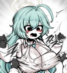 Rule 34 | 1girl, absurdres, ahoge, aqua hair, blue archive, blue hair, blush, breasts, gloves, hair between eyes, halo, highres, large breasts, long hair, looking at viewer, necktie, open mouth, simple background, solo focus, swept bangs, uncolorcube, upper body, very long hair, white background, yume (blue archive)