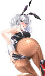 Rule 34 | 1girl, adjusting clothes, adjusting leotard, all fours, animal ears, ascot, ass, black footwear, black leotard, blue eyes, breasts, brown pantyhose, cleavage, commentary request, detached collar, fake animal ears, fishnet pantyhose, fishnets, full body, high heels, kantai collection, kashima (kancolle), large breasts, leotard, looking at viewer, looking back, pantyhose, playboy bunny, rabbit ears, rabbit tail, red ascot, sidelocks, silver hair, solo, strapless, strapless leotard, tail, tororo ten, twintails, wavy hair, white background, wrist cuffs
