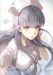 Rule 34 | 1girl, breasts, buttons, commentary request, fingernails, grey eyes, grey hair, hand up, hat, highres, hoshizaki reita, large breasts, looking at viewer, nurse cap, parted lips, shirt, signature, sinoalice, skirt, snow white (sinoalice), solo, white hat, white shirt, white skirt, wing collar