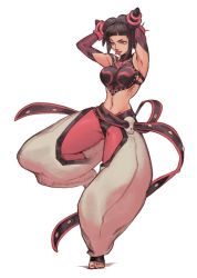 Rule 34 | 1girl, armpits, arms behind head, arms up, baggy pants, barefoot, belt, black hair, black panties, blunt bangs, bracelet, breasts, capcom, chinese clothes, commentary, detached sleeves, drill hair, dudou, english commentary, full body, gloves, han juri, jewelry, leggings, maddestmao, medium breasts, midriff, nail polish, narrow waist, navel, panties, panties over pantyhose, pants, pantyhose, pink gloves, pink leggings, pink pantyhose, purple eyes, purple sleeves, short hair, skull, solo, spiked bracelet, spikes, standing, standing on one leg, street fighter, street fighter iv (series), thick thighs, thighs, toeless legwear, toenail polish, toenails, toes, tongue, tongue out, twin drills, underwear