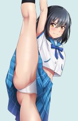 Rule 34 | 1girl, ass, black hair, black socks, blue bow, blue sailor collar, blush, bow, closed mouth, commission, crotch seam, embarrassed, hair between eyes, highres, himeragi yukina, kneepits, leg up, looking at viewer, mibushiro, midriff, navel, panties, partially visible vulva, pixiv commission, plaid, plaid skirt, pleated skirt, saikai academy school uniform, sailor collar, school uniform, serafuku, shirt, short sleeves, simple background, skirt, socks, solo, split, standing, standing on one leg, standing split, strike the blood, thighs, underwear, white panties, white shirt, yellow eyes