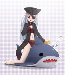 Rule 34 | 10s, 1girl, bare legs, barefoot, bikini, black hat, blush, eyepatch, hat, highres, hook hand, infinite stratos, inflatable toy, laura bodewig, long coat, long hair, navel, pirate, pirate hat, polka dot, polka dot background, red eyes, riding, shark, silver hair, solo, sunimu, swimsuit, toy, tricorne