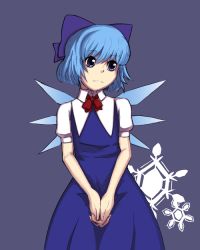 Rule 34 | 1girl, bad id, bad pixiv id, blue eyes, blue hair, cirno, folded hands, matching hair/eyes, nosuku, own hands clasped, own hands together, simple background, snowflakes, solo, touhou, wings