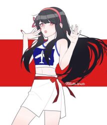 Rule 34 | 1girl, black hair, blush, colored skin, hands up, long hair, looking at viewer, open mouth, pink hair, red background, shirt, simple background, solo, tower of god, very long hair, white background, white shirt, white skin, yeon yihwa