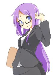 Rule 34 | 00s, 1girl, alternate hairstyle, bespectacled, blue eyes, clipboard, formal, glasses, hair down, hand up, hiiragi kagami, holding, long hair, lucky star, no nose, aged up, pencil skirt, purple hair, shirt, skirt, skirt suit, solo, suit, suno-pi, white shirt