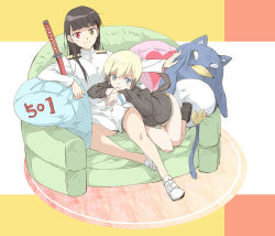 Rule 34 | 2girls, agahari, animal ears, animal-shaped pillow, black footwear, black hair, blonde hair, blue eyes, blunt bangs, blush, couch, erica hartmann, eyepatch, unworn eyepatch, facing viewer, female focus, full body, green upholstery, hair down, heterochromia, katakana, long hair, looking at viewer, lying, military, military uniform, mouth hold, multicolored hair, multiple girls, no pants, no socks, on couch, pillow, sakamoto mio, scabbard, sheath, sheathed, shoes, short hair, sitting, smile, strike witches, stuffed animal, stuffed toy, sword, tail, two-tone hair, uniform, weapon, white footwear, world witches series