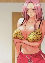 Rule 34 | 1girl, blue eyes, blush, door, embarrassed, glory hole (manhwa), long hair, looking to the side, open mouth, pink hair, red shorts, shorts, solo, suspenders, very long hair, yang geum-hae, yellow background