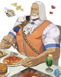Rule 34 | 1boy, ascot, bara, beard, blue eyes, brooch, burger, cape, cherry, chibi, chibi inset, eating, facial hair, food, fork, fruit, heart, highres, holding, holding fork, ice cream, ice cream float, jewelry, jp (street fighter), large pectorals, long hair, male focus, mature male, muscular, muscular male, mushroom, mustache, pasta, pectorals, print shirt, sa1k0p, shirt, sitting, solo, spaghetti, steak, street fighter, street fighter 6, table, thick eyebrows, thick mustache, translation request, veins, vest, white hair