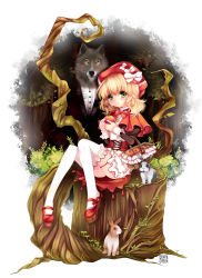 Rule 34 | 1girl, apple, basket, big bad wolf, blonde hair, blush, bow, capelet, dress, duji amo, food, formal, fruit, green eyes, grimm&#039;s fairy tales, hat, highres, holding, holding food, holding fruit, jewelry, little red riding hood, little red riding hood (grimm), necklace, rabbit, sitting, solo, suit, thigh strap, thighhighs, tree stump, white thighhighs