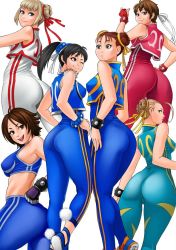 Rule 34 | 6+girls, ;), ahoge, alternate color, alternate costume, alternate hairstyle, ass, back, backboob, bandai namco, bare shoulders, black eyes, black hair, blonde hair, blue eyes, bodysuit, bracelet, braid, breasts, brown eyes, brown hair, cammy white, capcom, character name, chun-li, chun-li (cosplay), cosplay, covered erect nipples, crop top, cropped vest, crossover, double bun, double vertical stripe, emilie de rochefort, eye contact, fingerless gloves, flipped hair, from behind, gloves, grey hair, hair bun, hair ornament, hair ribbon, hair up, hand on own hip, hands on own hips, happy, headband, high ponytail, highres, jewelry, jpeg artifacts, kasugano sakura, kazama asuka, kneepits, large breasts, light smile, ling xiaoyu, long hair, looking at another, looking at viewer, looking back, midriff, multiple girls, namco, one eye closed, pantyhose, parted lips, pom pom (clothes), ponytail, profile, ribbon, shoes, short hair, side slit, sidelocks, simple background, skin tight, sleeveless, smile, sneakers, spandex, sports bra, standing, street fighter, street fighter x tekken, street fighter zero (series), studded bracelet, taut clothes, tekken, thumbs up, tight clothes, twintails, unitard, vest, white background, zonda (solid air)