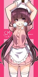 Rule 34 | 1girl, angry, apron, arms up, blend s, blunt bangs, bound, bound wrists, clenched teeth, collared dress, cowboy shot, dress, frown, gloves, hat, highres, long hair, looking at viewer, low twintails, pink background, pink dress, pom pom (clothes), puffy short sleeves, puffy sleeves, purple eyes, purple hair, sakuranomiya maika, shaded face, short sleeves, skindentation, solo, standing, teeth, thighhighs, tilt-shift (azalanz), twintails, twitter username, very long hair, waist apron, white gloves, white thighhighs