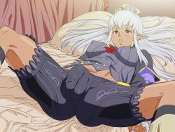 Rule 34 | 00s, 1girl, bed, blush, breasts, bulge, covered erect nipples, dagashiya, elf, elvaan, final fantasy, final fantasy xi, flaccid, full-package futanari, futanari, grey hair, highres, impossible clothes, impossible shirt, indoors, jacket, konbuni, large breasts, large penis, long hair, long sleeves, lying, on back, on bed, open clothes, open jacket, open mouth, penis, pillow, pointy ears, prishe, shirt, short sleeves, shorts, skin tight, solo, spread legs, testicles, tight clothes, wallpaper