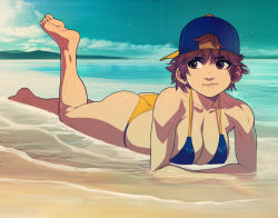 Rule 34 | 1girl, ass, backwards hat, barefoot, baseball cap, beach, bikini, blue bikini, blue hat, blue sky, breasts, brown eyes, brown hair, capcom, collarbone, exmile, full body, hat, kasugano sakura, large breasts, leg up, looking to the side, lying, mismatched eyebrows, mountainous horizon, multicolored bikini, multicolored clothes, ocean, on stomach, short hair, sky, soles, solo, spaghetti strap, street fighter, swimsuit, the pose, thick eyebrows, tomboy, toned, wet, wet hair, yellow bikini