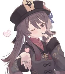 Rule 34 | 1girl, absurdres, blowing kiss, blush, brown hair, chinese clothes, coat, commentary request, flower, genshin impact, hair between eyes, hat, heart, highres, hu tao (genshin impact), jewelry, one eye closed, porkpie hat, red eyes, ring, roku 6, solo, star-shaped pupils, star (symbol), symbol-shaped pupils, tassel, white background