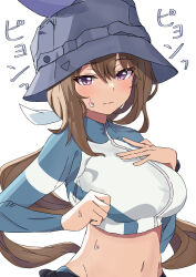 Rule 34 | 1girl, admire vega (umamusume), animal ears, blue archive, blue hat, blue jacket, blush, bow, breasts, brown hair, closed mouth, commentary request, cosplay, cosplay request, cropped jacket, ekazawa sdvx, hair between eyes, hand on own chest, hat, highres, horse ears, horse girl, horse tail, jacket, large breasts, long hair, long sleeves, looking at viewer, midriff, navel, ponytail, purple eyes, rash guard, saki (blue archive), saki (blue archive) (cosplay), saki (swimsuit) (blue archive), solo, tail, umamusume, white bow
