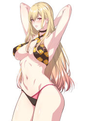 Rule 34 | 1girl, armpits, arms behind head, arms up, bare shoulders, bikini, black bikini, black choker, blonde hair, breasts, choker, collarbone, commentary request, criss-cross halter, ear piercing, earrings, floral print, halterneck, highres, jewelry, kitagawa marin, large breasts, long hair, looking at viewer, navel, parted lips, piercing, print bikini, red eyes, solo, sono bisque doll wa koi wo suru, swimsuit, thighs, zucchini