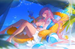 Rule 34 | 1girl, alternate costume, azur lane, ball, beachball, bikini, bird, blue bikini, breasts, chick, cleavage, food, hair between eyes, hair ornament, hand up, highres, holding, holding food, holding spoon, ice cream, knees up, large breasts, leaf, long hair, looking at viewer, manjuu (azur lane), parfait, perseus (azur lane), pink eyes, pink hair, plant, sitting, spoon, swimsuit, twintails, very long hair, water, yunouou10